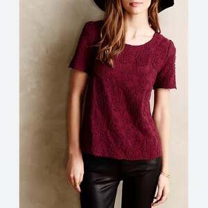 Anthro Vanessa Virginia Red Embroidered Short Sleeve Scoop Neck Blouse Top Sz XS